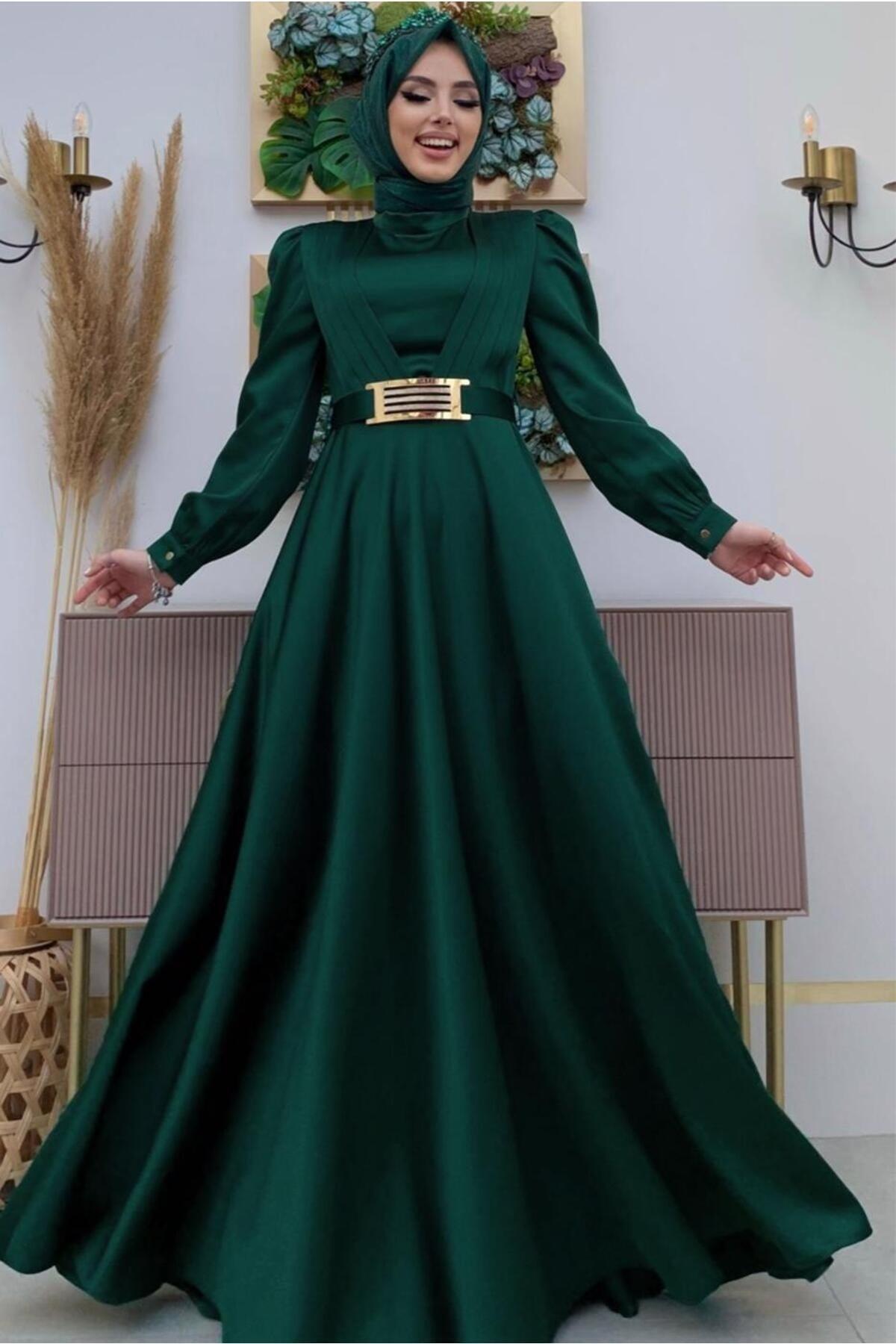Women's Green (EMERALD) Belted Pleated Detailed Satin Evening Dress T 2973 - Swordslife