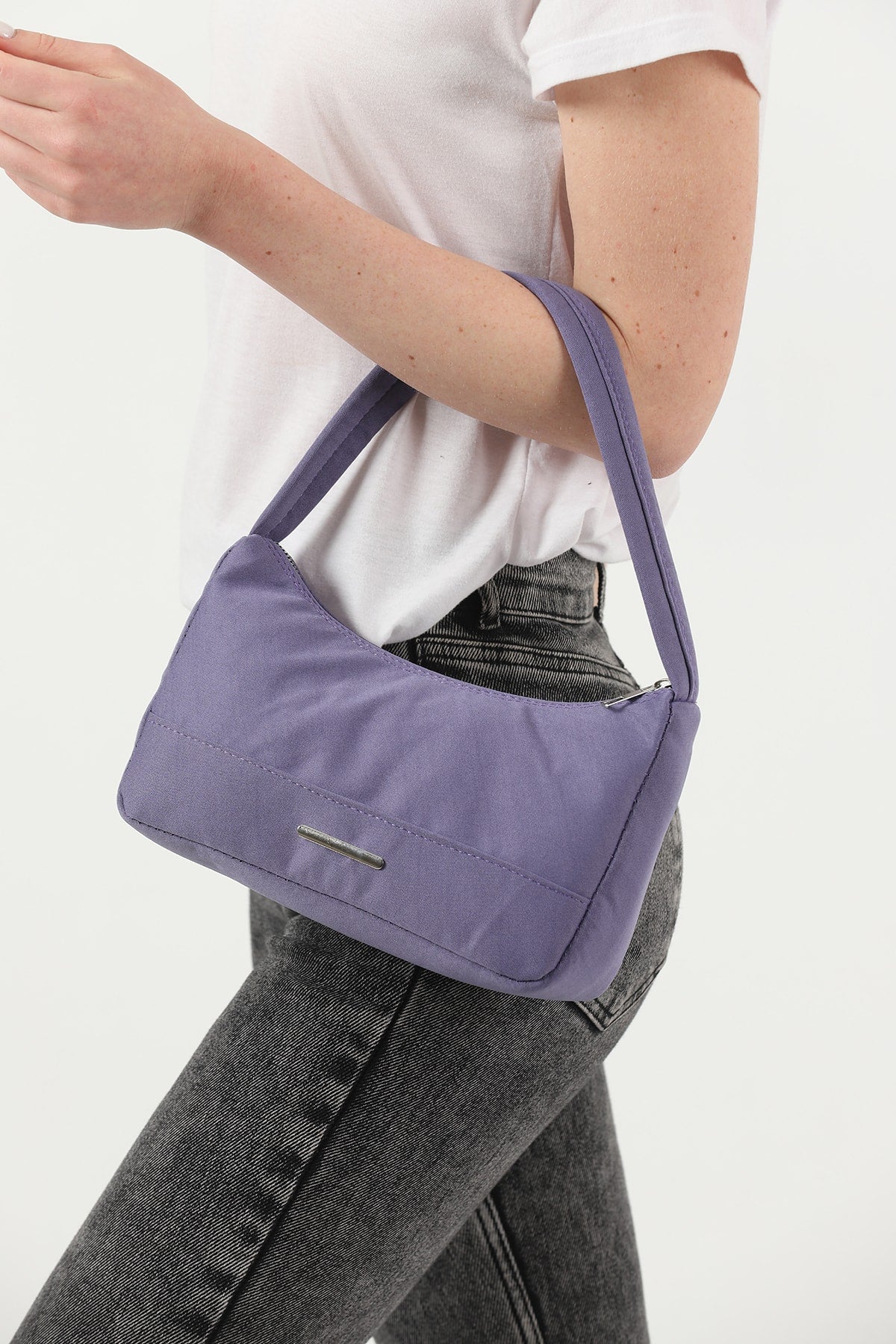 Lilac U26 Single Zipper Section Canvas Fabric Women'S Daily Baguette Hand And Shoulder Bag U:13 E:25 G:6