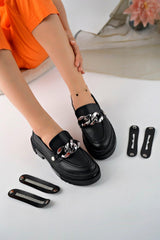 Women's Thick Sole Loafer Moccasin Shoes Unscrew Buckle Black - Swordslife