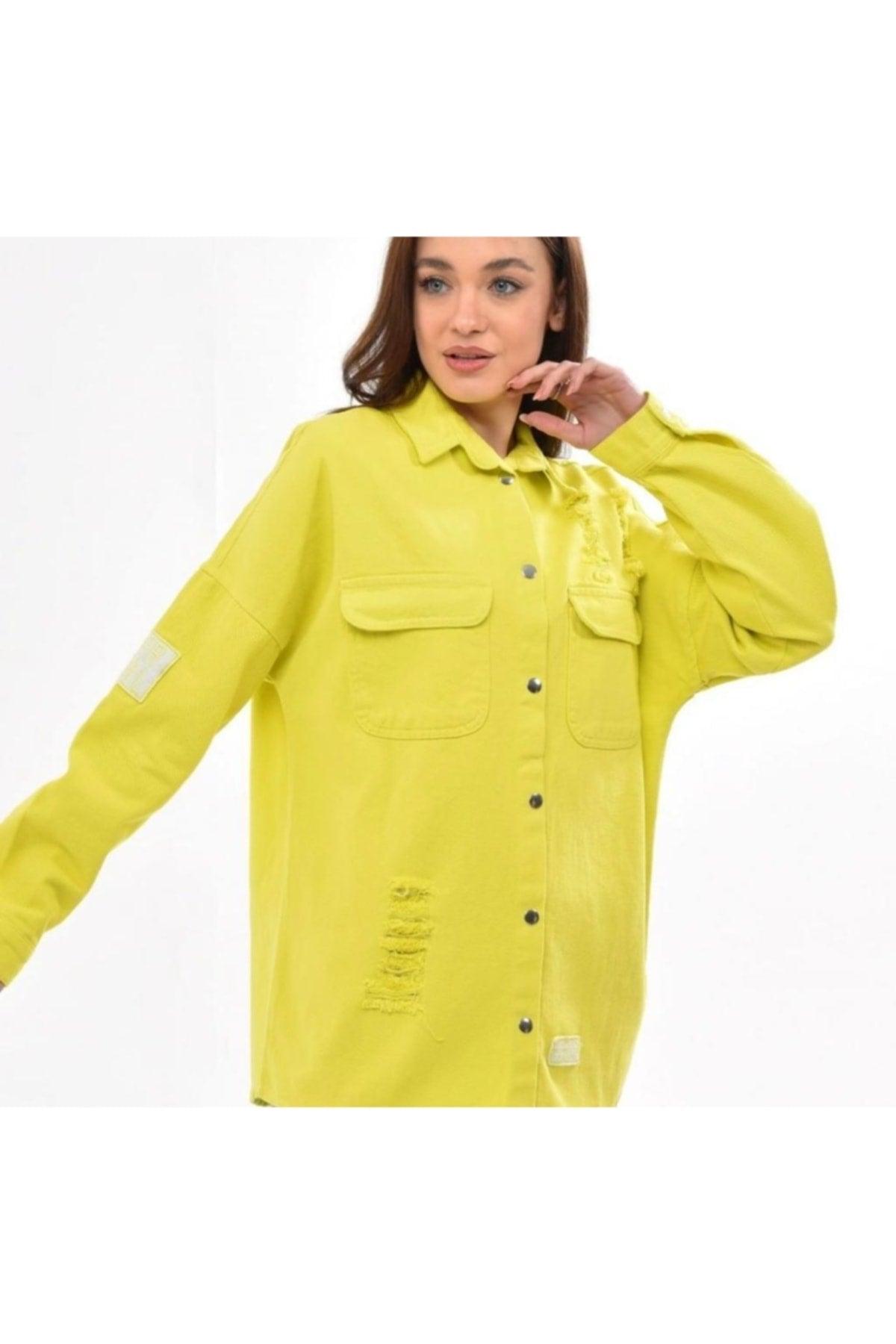 Women's Neon Yellow Boyfriend Oversize Vintage Denim Jeans Denim Jacket A36-011 - Swordslife