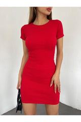 Women Camisole Crew Neck Short Sleeve Ribbed Mini Dress Red - Swordslife