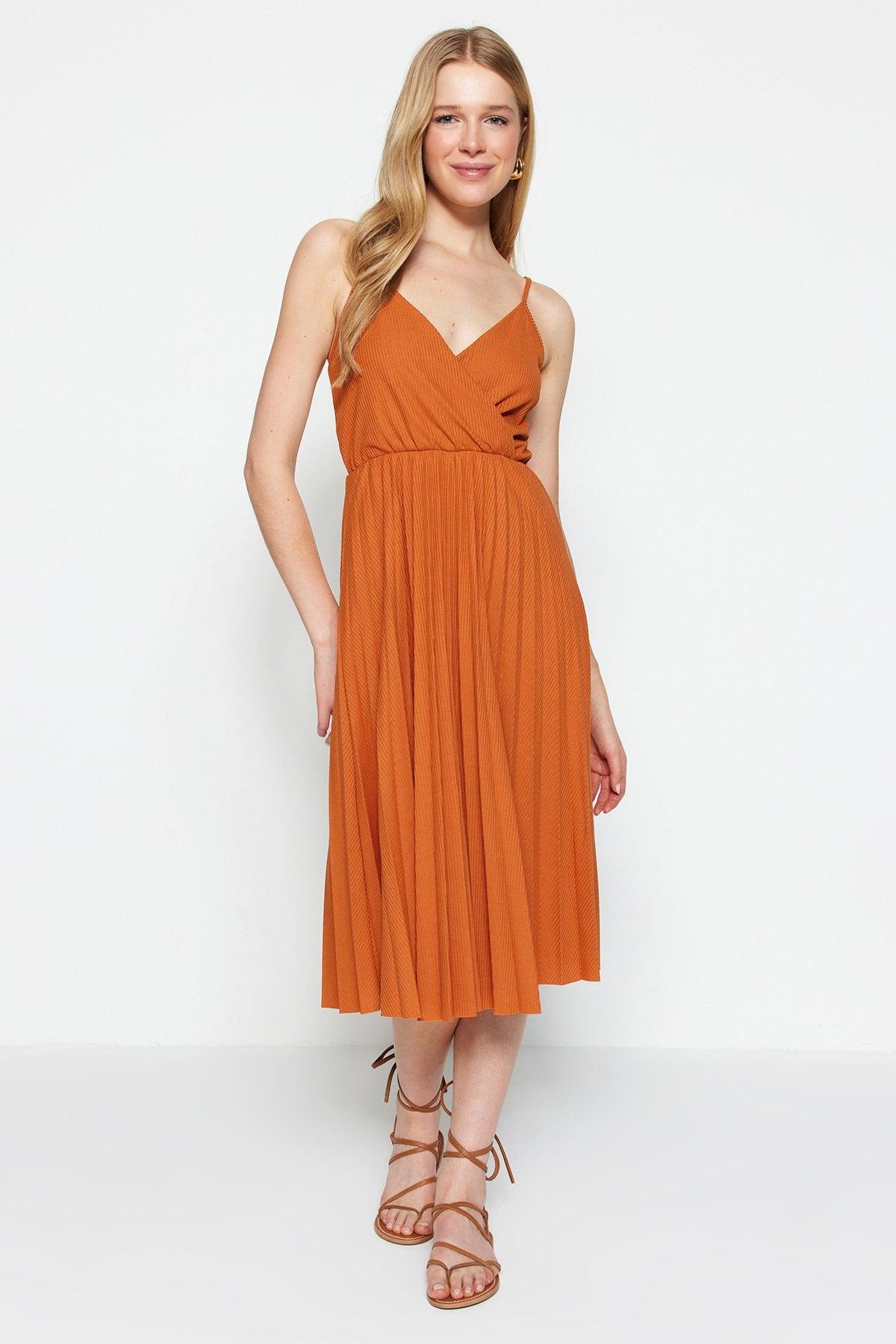 Cinnamon Waist Drop/Skater Midi Double Breasted Pleated Strap Stretch Knitted Dress TWOSS20EL2729 - Swordslife