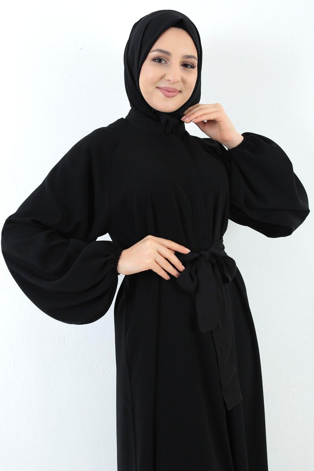 Women's Black Zippered Zippered Belted Pocket Abaya Hijab - Swordslife