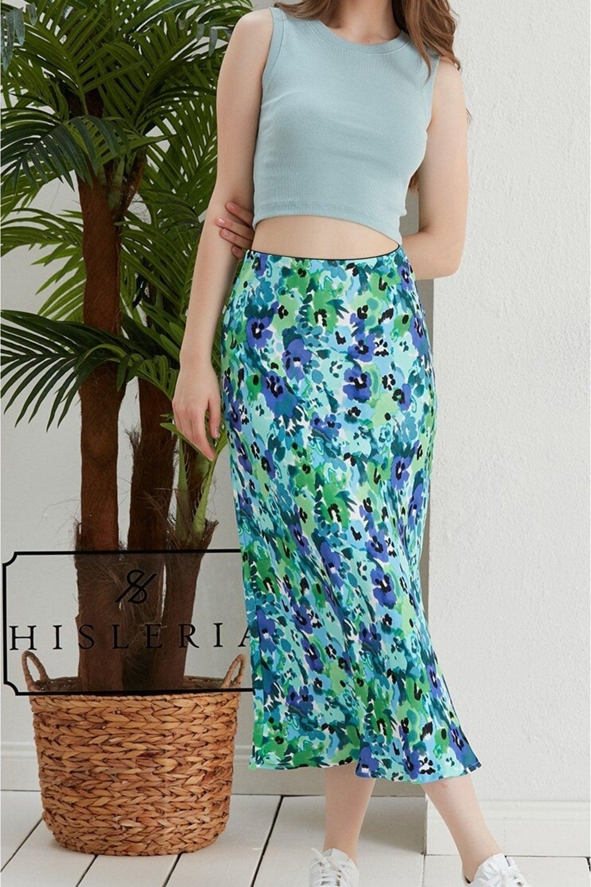 Floral Pattern Viscose Satin Midi Length Skirt -blue Flower - Swordslife