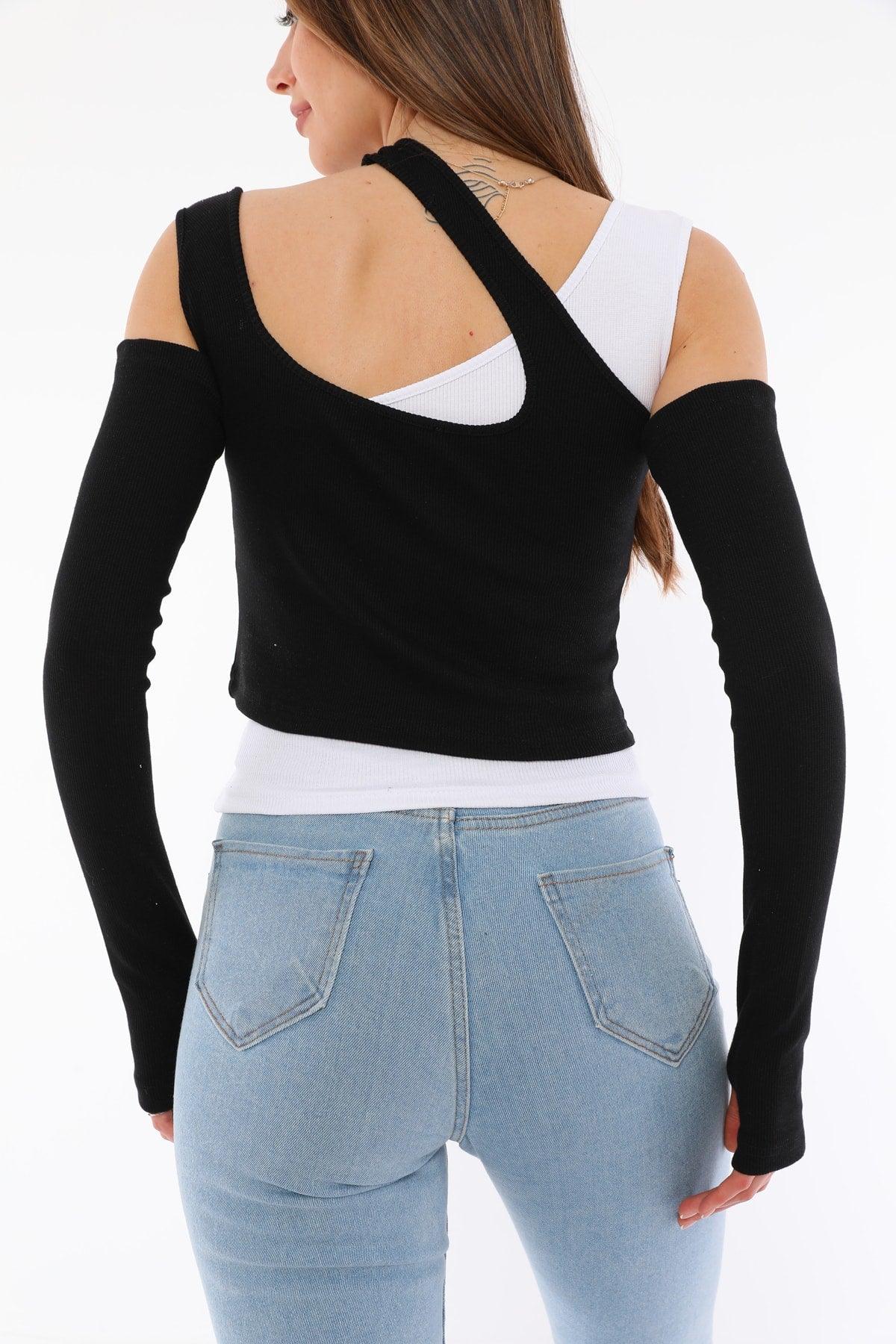 Double Crop Blouse Black White - Swordslife