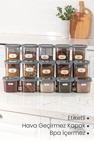 Labeled 15 Piece Square Food Storage Container Set 5X(0.55 Liter, 1.2 Liter, 1.75 Liter) Anthracite