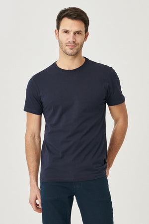 Men'S Navy Blue 100% Cotton Slim Fit Slim Fit Crew Neck Short Sleeved T-Shirt