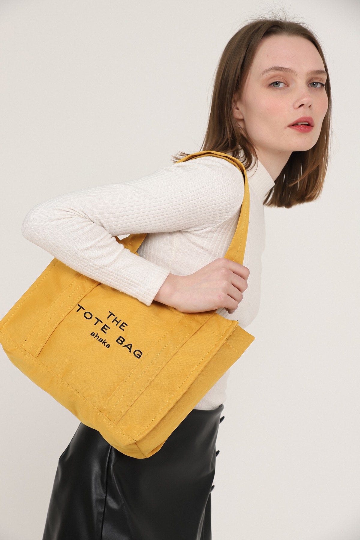 Mustard U45 Snap Closure The Tote Bag Embroidered Canvas Fabric Casual Women'S Arm And Shoulder Bag 25X
