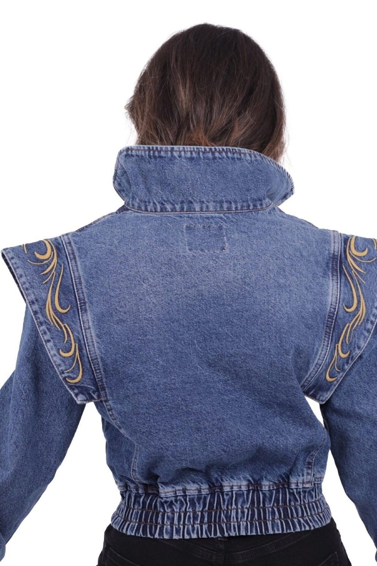 Women's Denim Jacket with Embroidered Shoulders, No Pocket, Elastic Waist, Zippered Bomber Denim for All Seasons - Swordslife