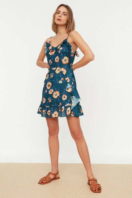 Navy Blue A-Line Mini Woven Lined Floral Patterned Dress TWOSS20EL1267 - Swordslife