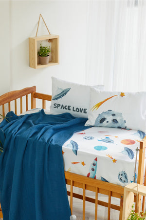 Organic Muslin Picture And Cotton Satin Baby Bedding - Space Ship And Star Themed