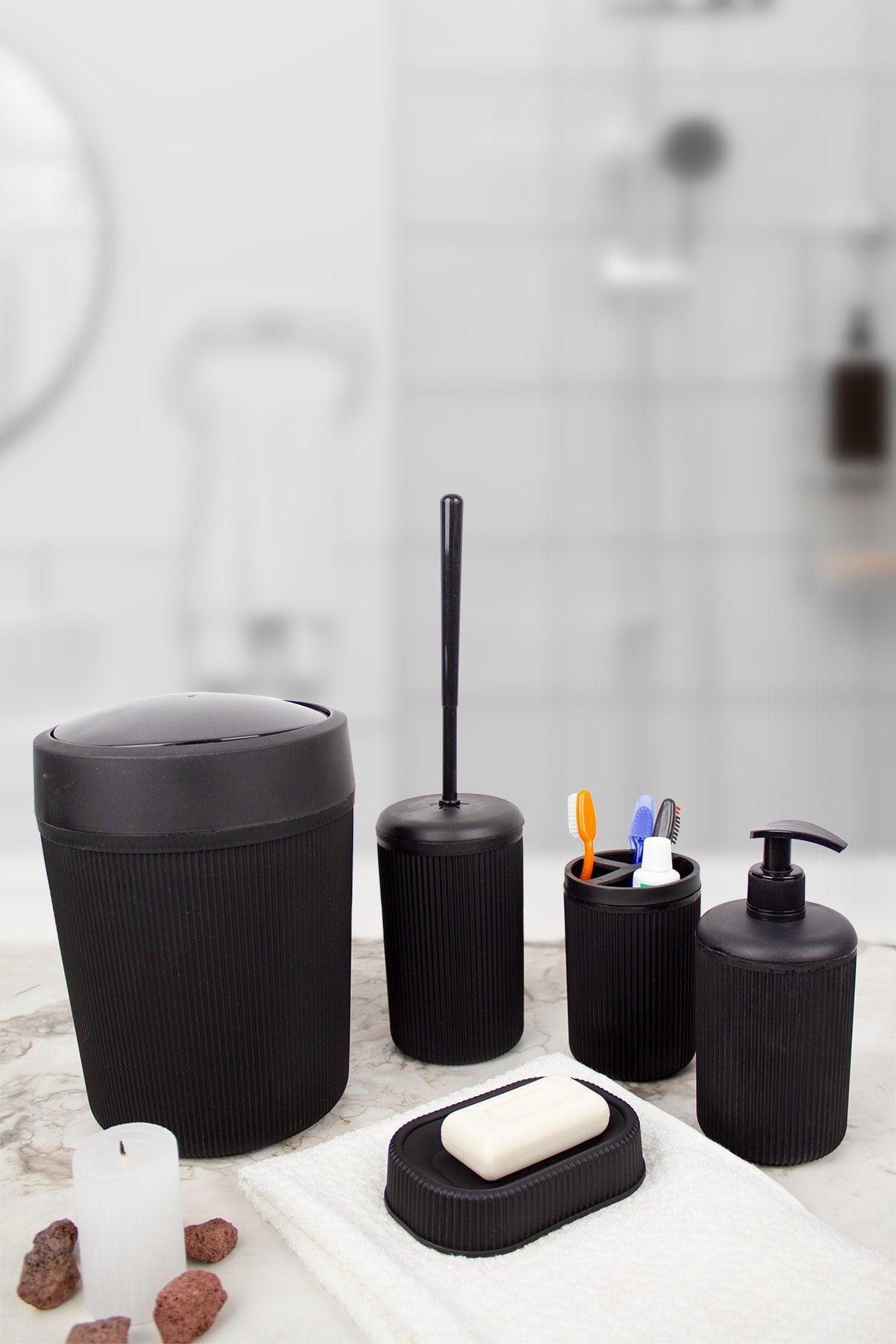 5 Pieces Black Plastic Striped Bathroom Accessory Set & Black Bathroom Set - Swordslife