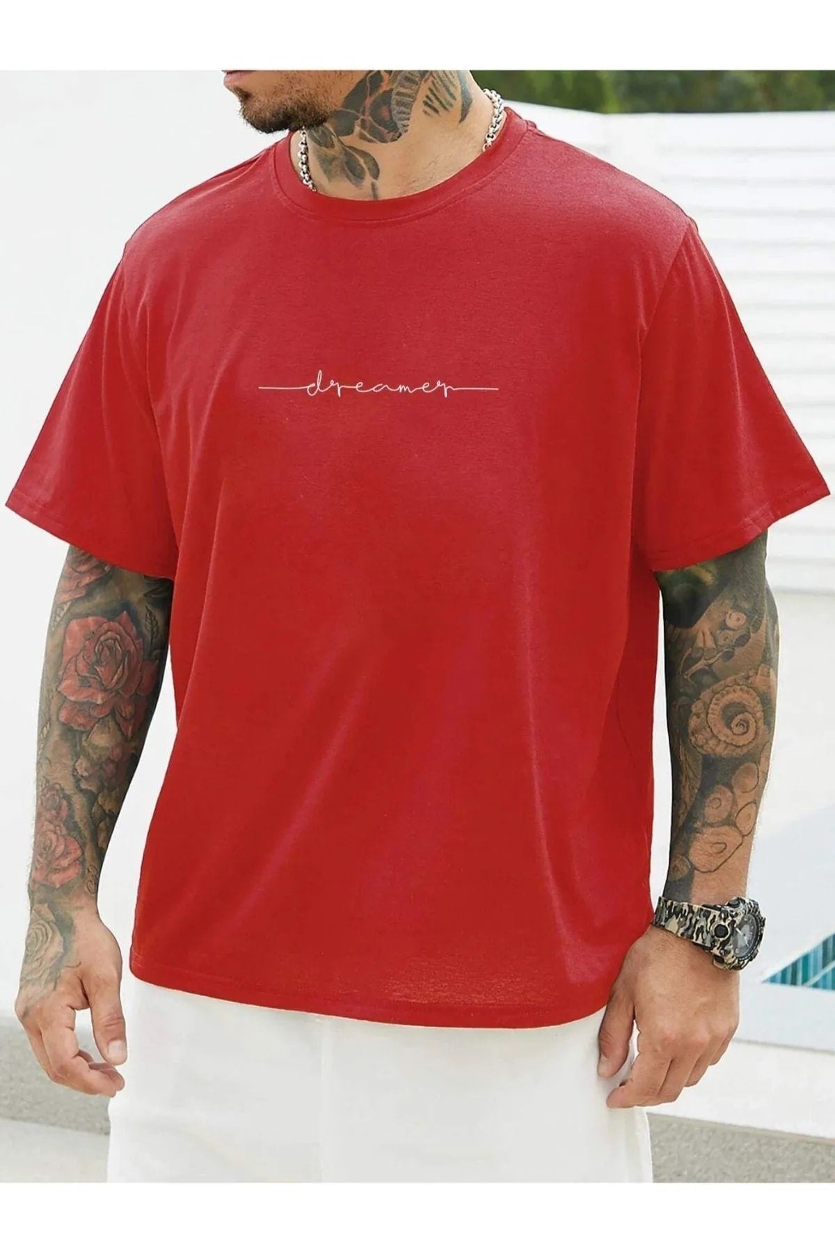 Black Sokak Men'S Red Dreamer Printed Oversize Crew Neck Tshirt