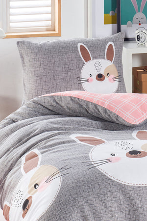 Junior-Bettbezug-Set Einzelbett Kaninchen A. Braun-Grau-Rosa