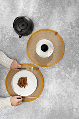 2 Pieces 32cm Round Mustard Striped Placemat Wicker Jute Knitted Base Presentation Set - Swordslife