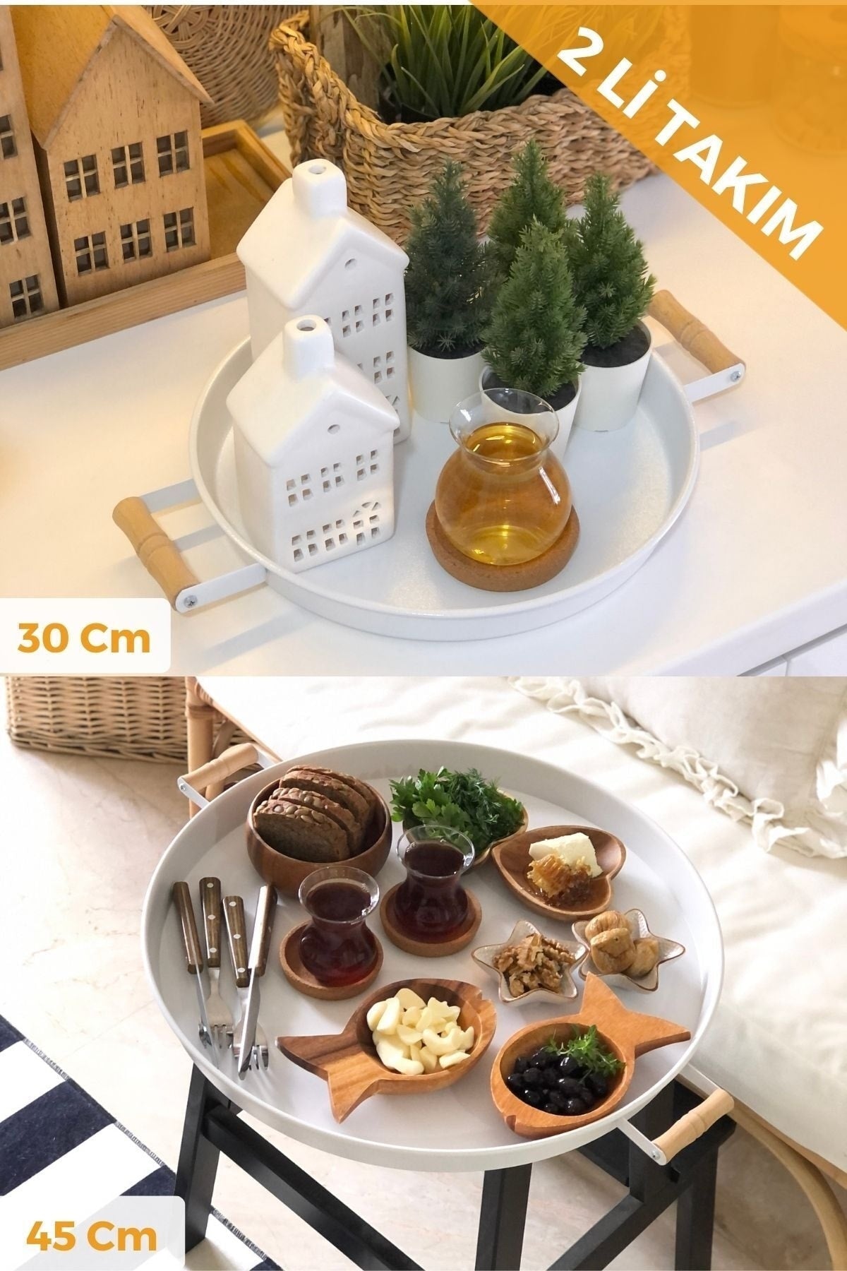 2 Wooden Handled 45 Cm Metal Tray And 30 Cm White Tray Tea Coffee Serving Tray