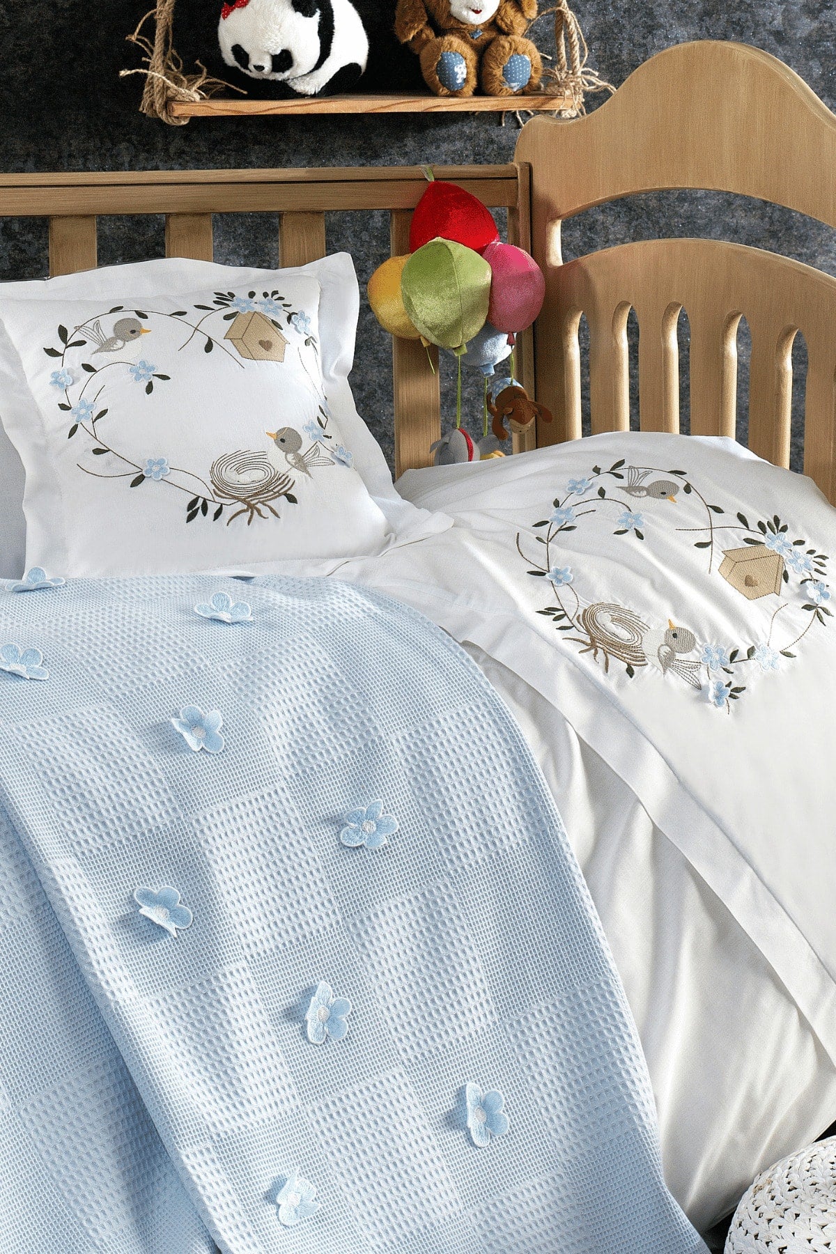 Pieces 100% Cotton, 3D Flower And Bird Patterned Cemre Blue Baby Duvet Cover Set