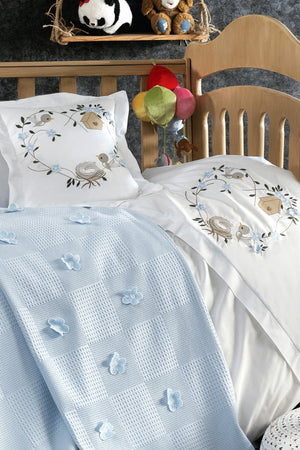 Pieces 100% Cotton, 3D Flower And Bird Patterned Cemre Blue Baby Duvet Cover Set
