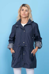 Women's Navy Blue Hooded Seasonal Coat - Swordslife