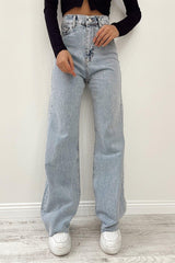White Chocolate Ice Blue Snow Wash Lycra Super High Waist Loose Jean Palazzo Trousers - Swordslife