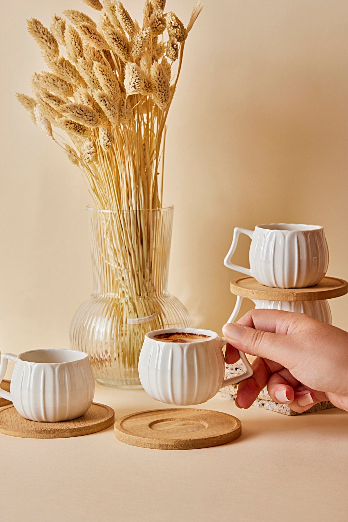 12648 Marghe 12 Piece Turkish Coffee Cup Set With Bamboo Saucer