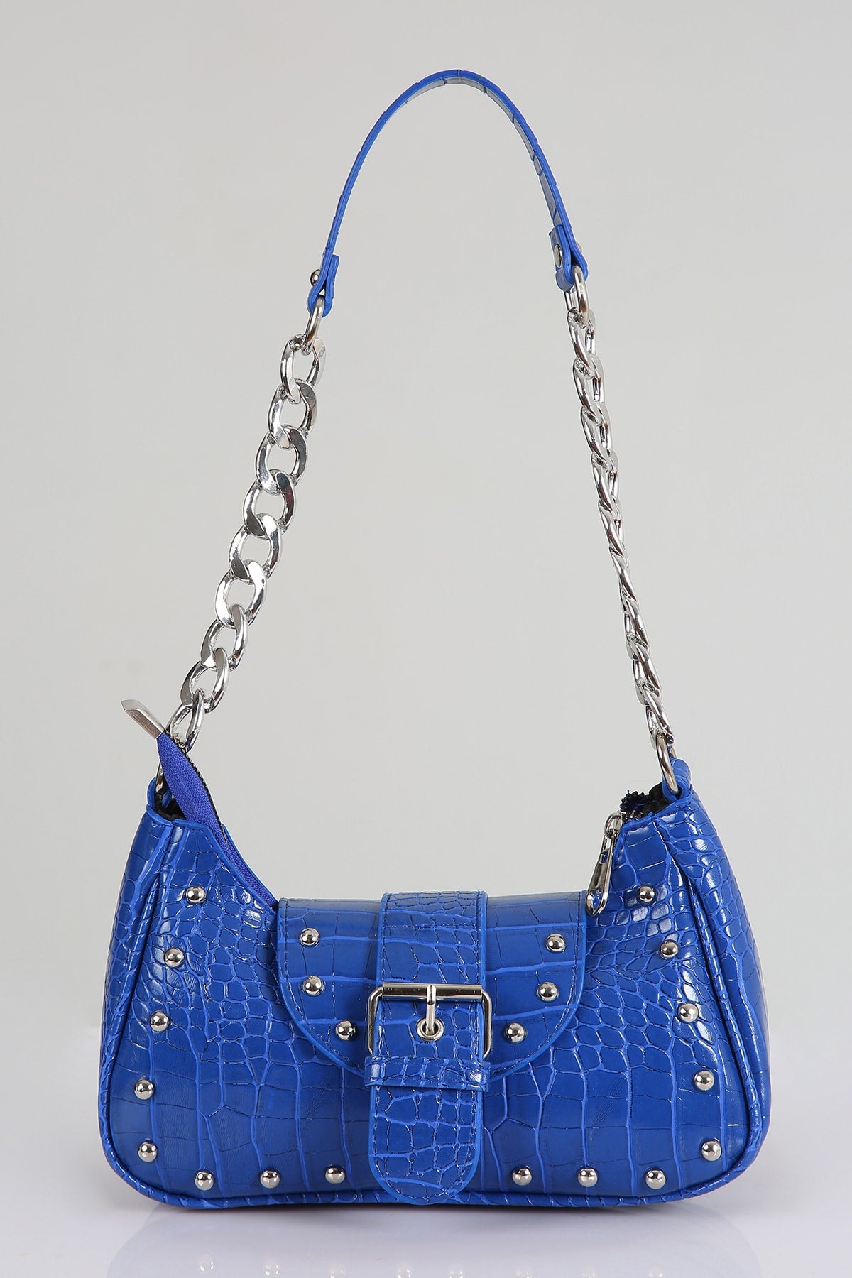 Bony Staple Crocodile Patterned Blue Handle Bag