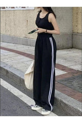 Black Unisex Double Stripe Tracksuit Streetwear Wide Leg Oversize Sweatpants - Swordslife