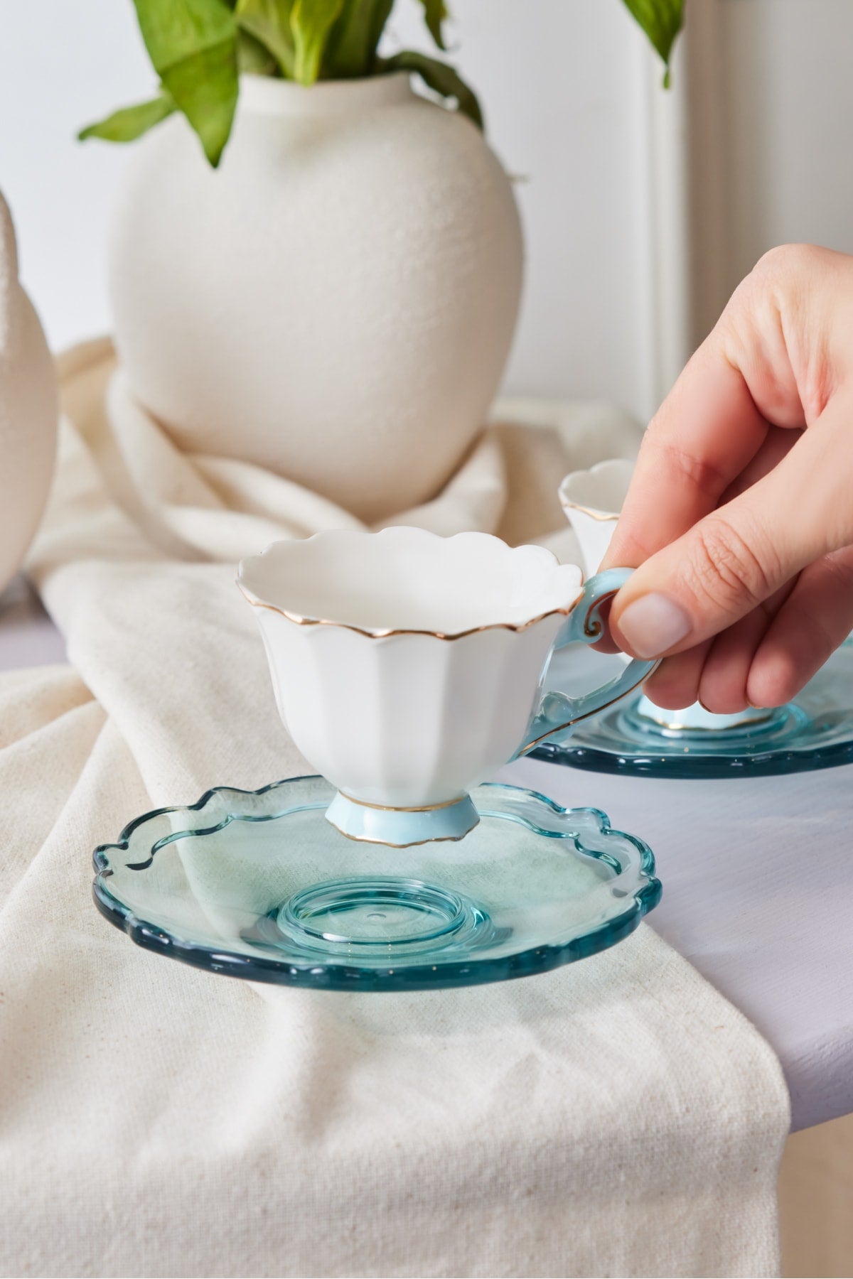 Samo 2 Person Turquoise Coffee Cup Set With Acrylic Saucer 90 Ml