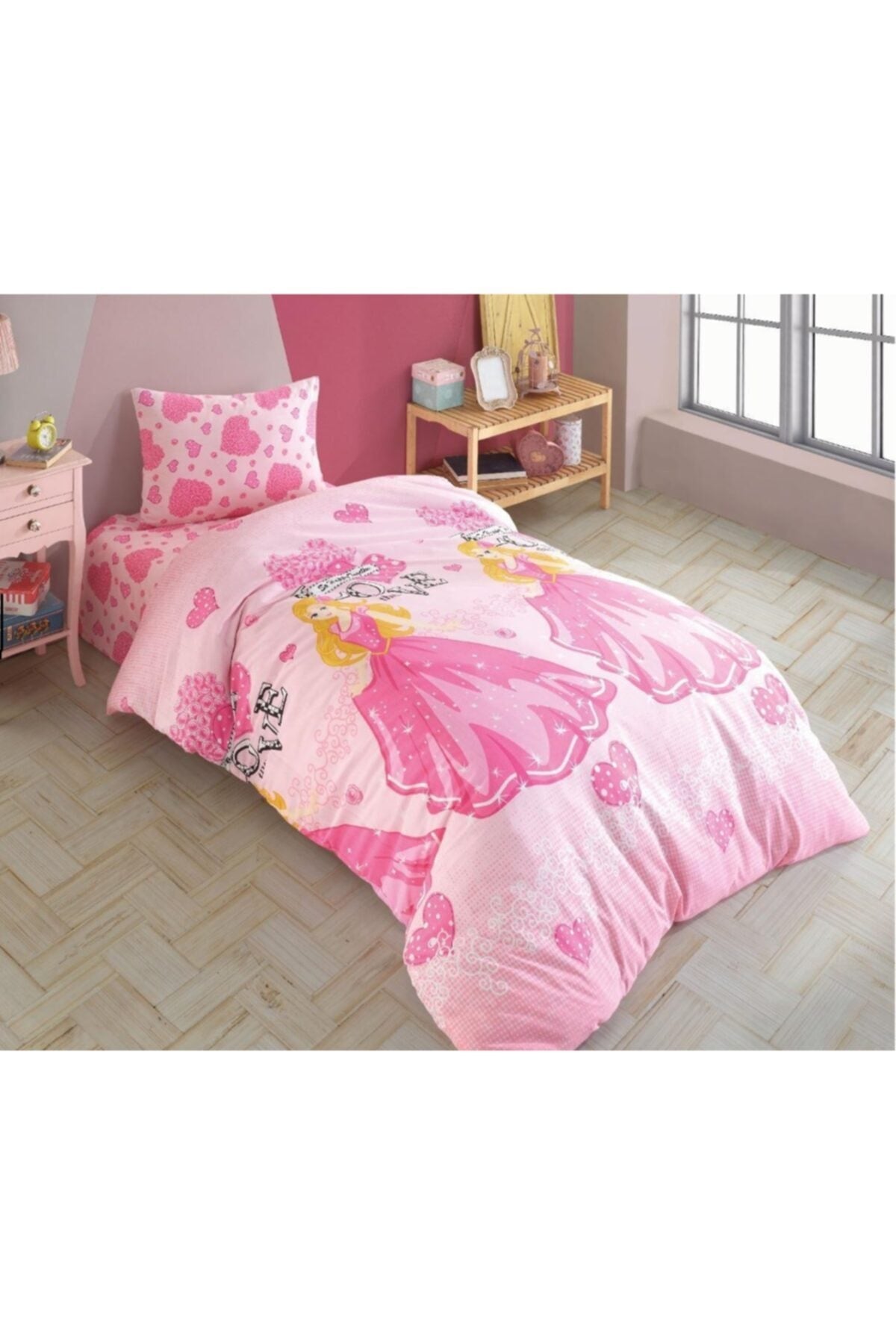 Elastic Fitted Healthy Snow White Pink Heart Single Child Girl Duvet Cover Set