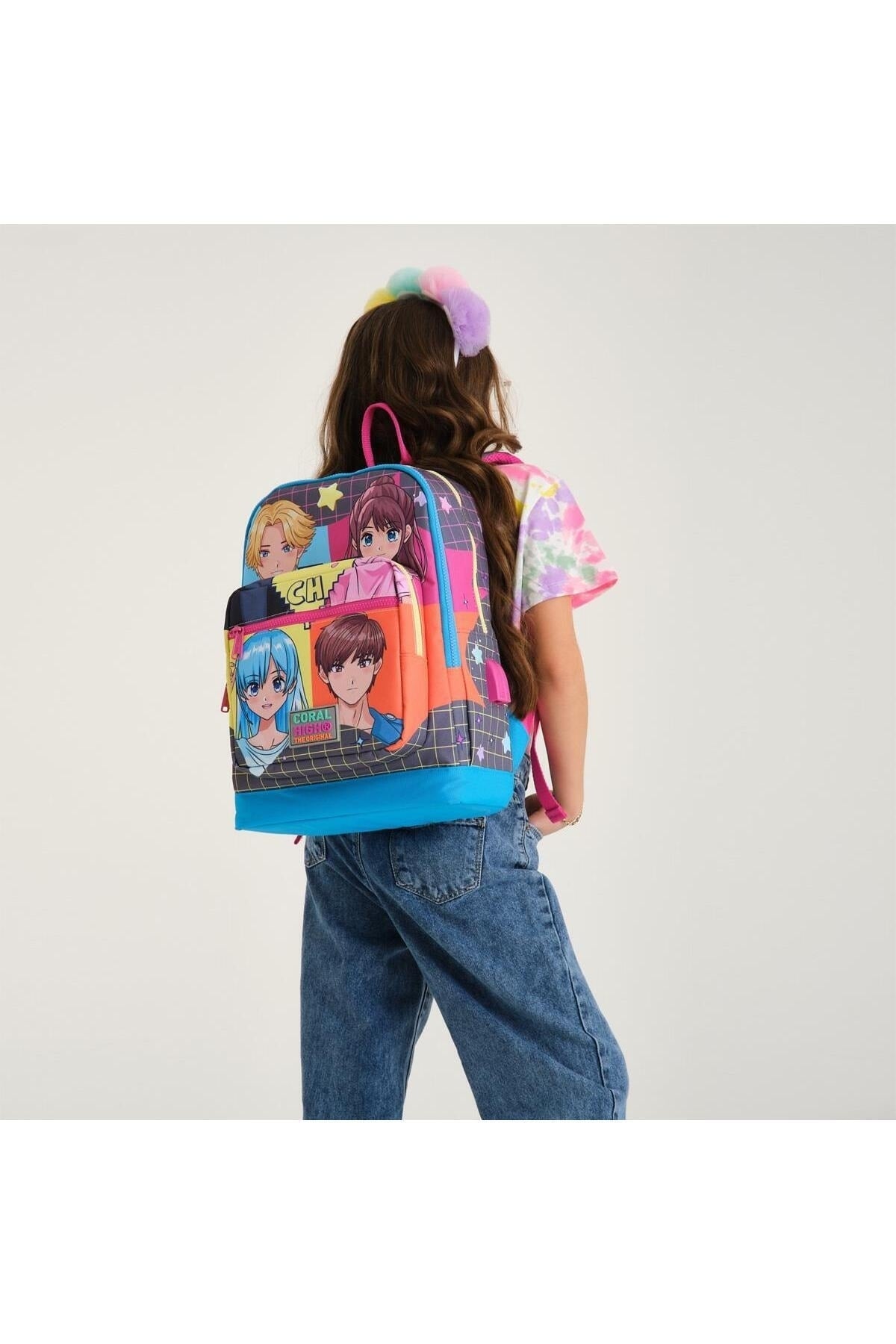 Kids Gray Blue Pink Anime Patterned USB 3 Pcs School Bag Set SET0123837