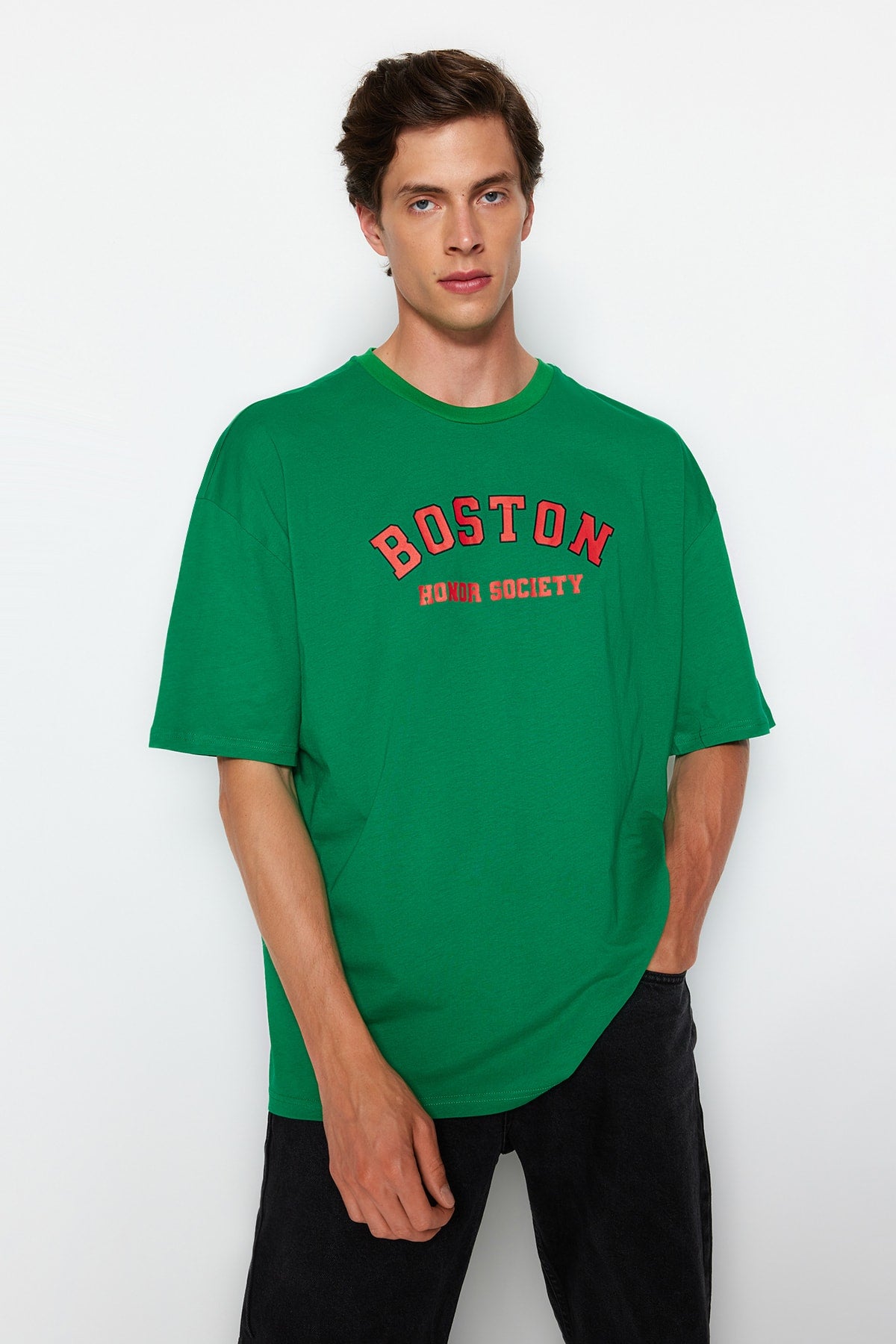 Green Men's Oversize Crew Neck Short Sleeve City Printed 100% Cotton T-Shirt TMNSS21TS1217