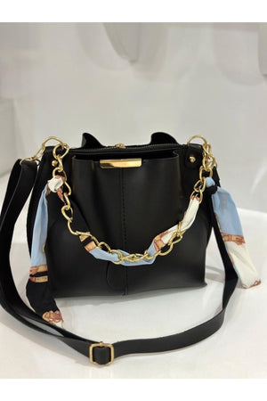 Women'S Scarf Chain Accessory Soft Leather Bag Black.