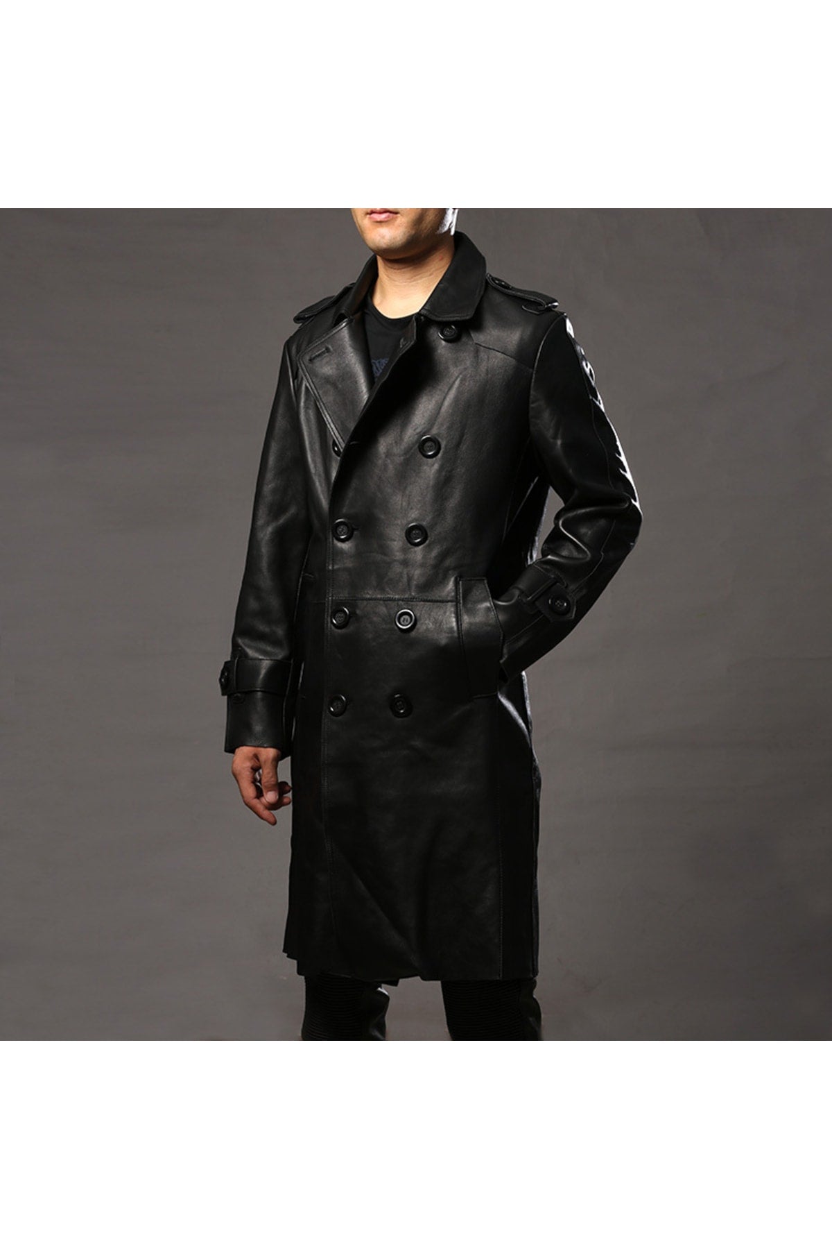Genuine Lambskin Black Long Buttoned Men's Leather Jacket