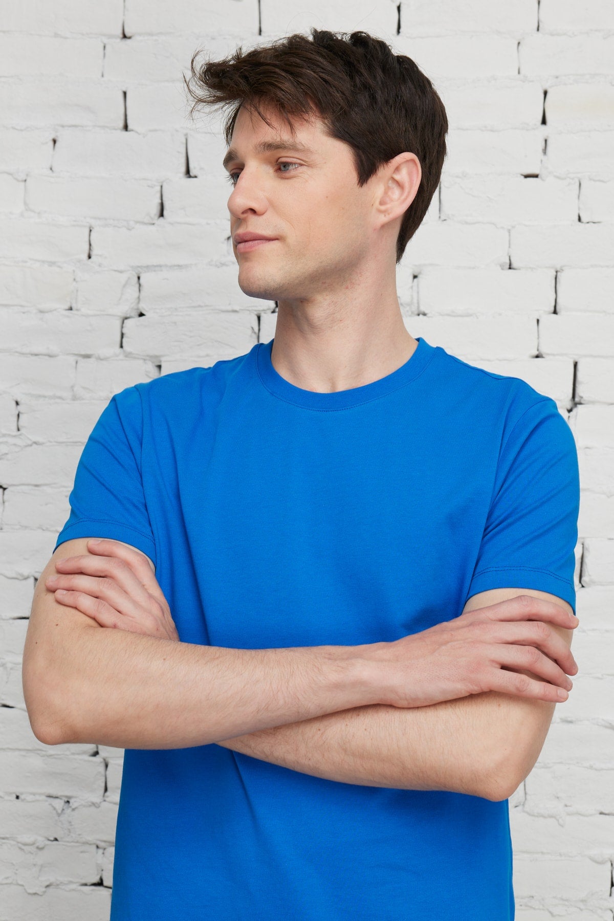 Men'S Sax Blue 100% Cotton Slim Fit Slim Fit Crew Neck Short Sleeved T-Shirt