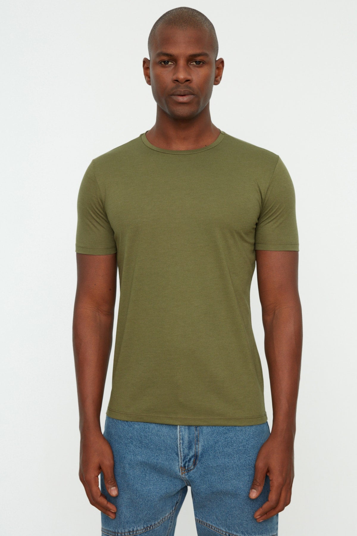 Khaki Herren Basic Slim Rundhals Kurzarm T-Shirt Tmnss22Ts0270