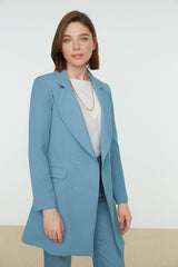 Blue Double Button Pocket Detailed Lined Blazer Woven Jacket TCTAW22CK0007 - Swordslife