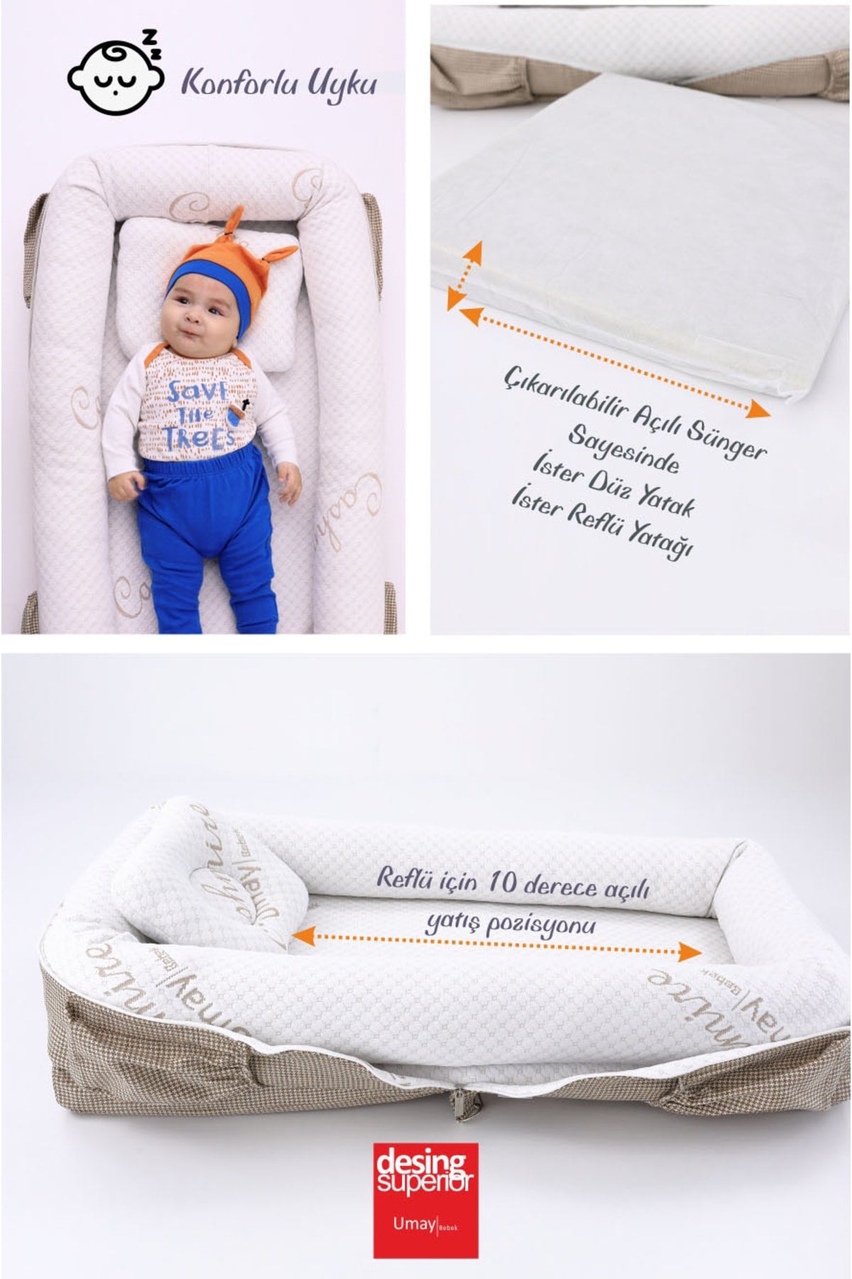 Portable Original Reflux Mattress, Pillow, Babynest, Mommy Bag With Bag - Woven Coffee
