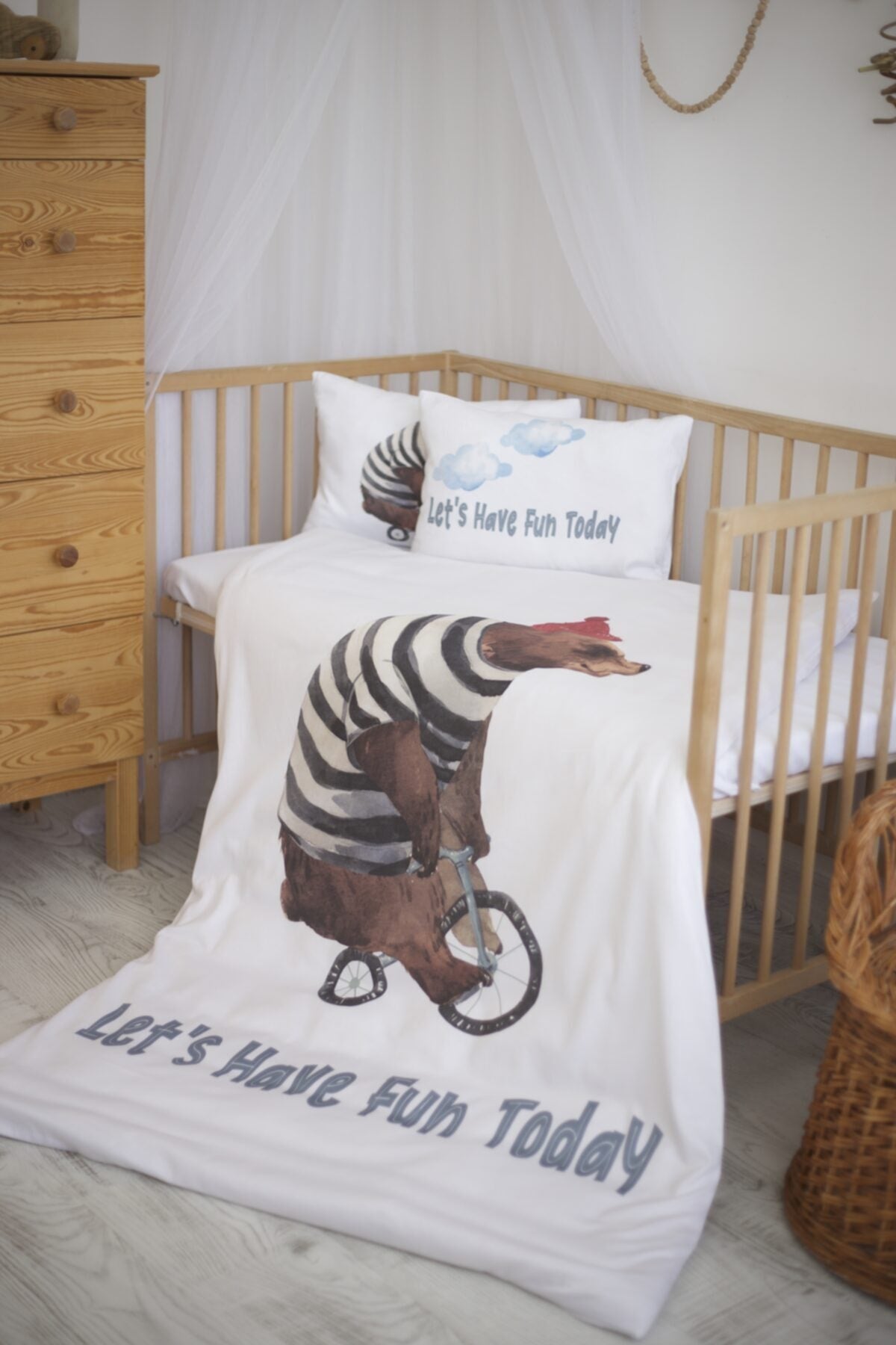 Organic Printed Cotton Satin Baby Duvet Cover Set - Teddy Bear And Cycling Theme
