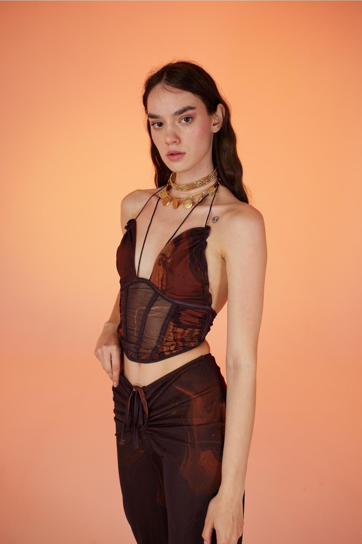 Thread Tied Tulle Sasha Blouse Brown - Swordslife