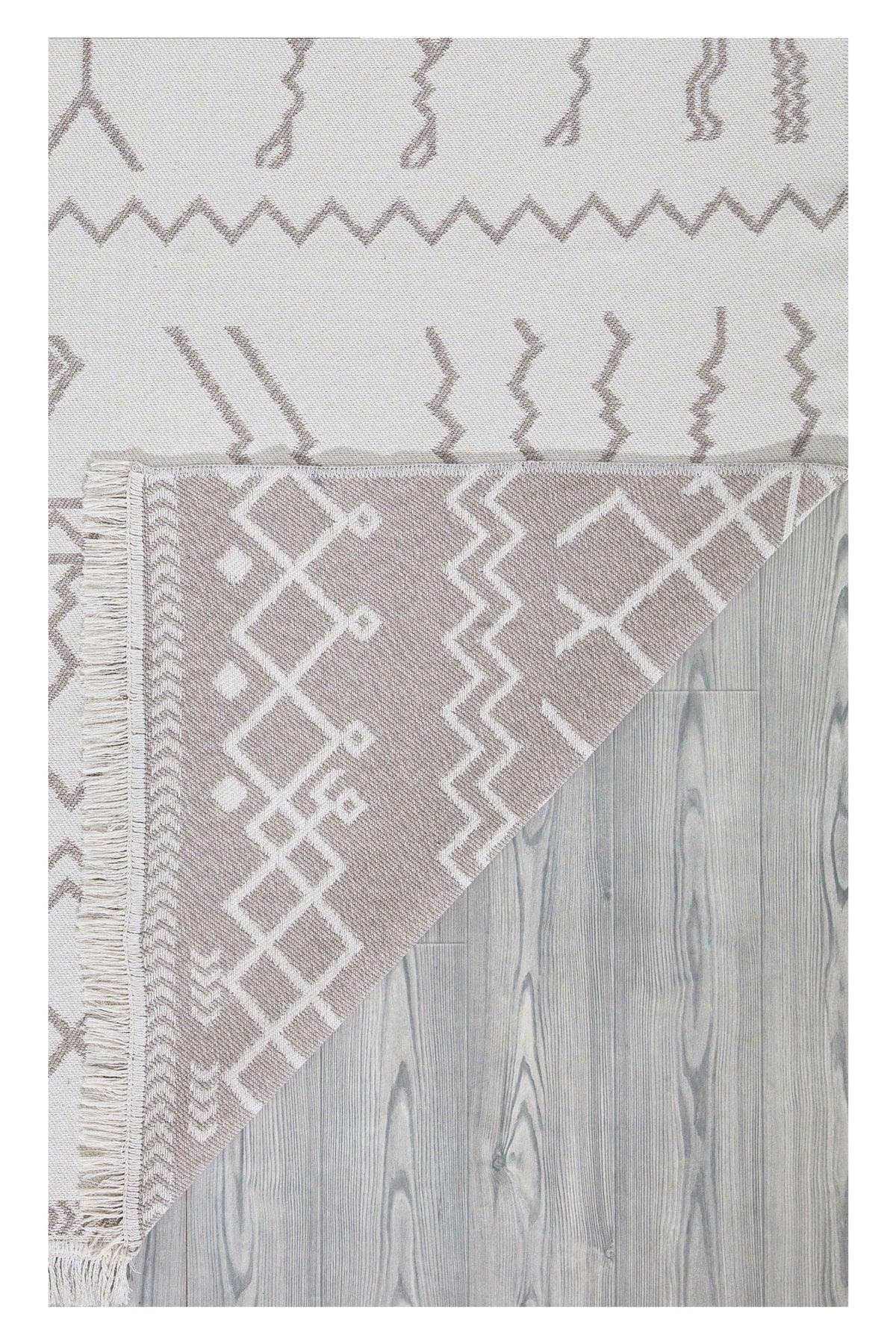 Duo White Beige Washable Double Sided Rug Woven Fringed Carpet Rug Runner Balcony Kitchen 23001a - Swordslife