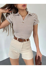 Fitted/fitted Polo Neck Short Sleeve Striped Camisole Crop Blouse Camel - Swordslife