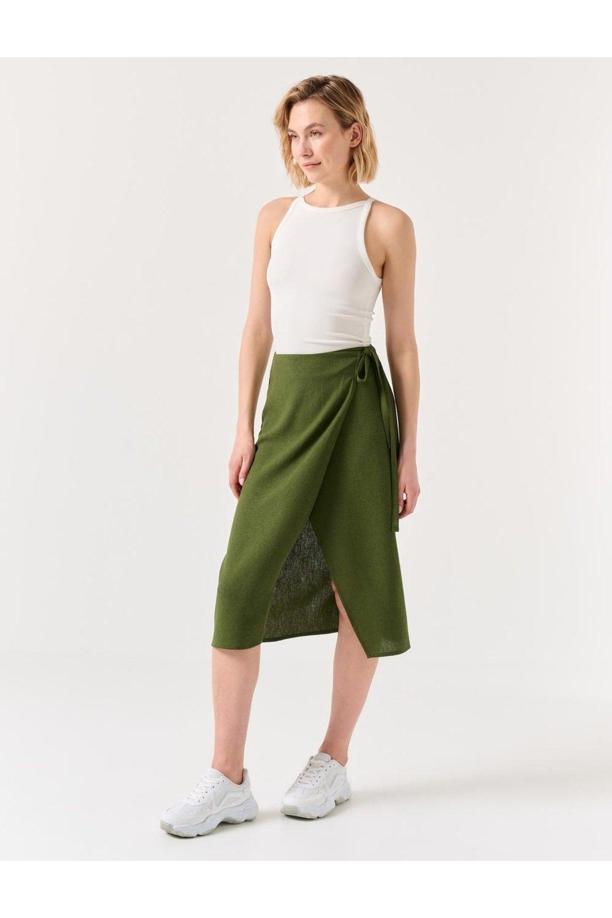 Khaki Regular Waist Slit Midi Linen Skirt - Swordslife