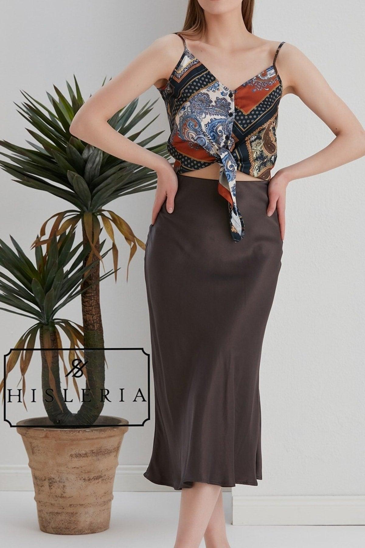 Verev Viscose Satin Fabric Bitter Brown Midi Length Skirt - Swordslife