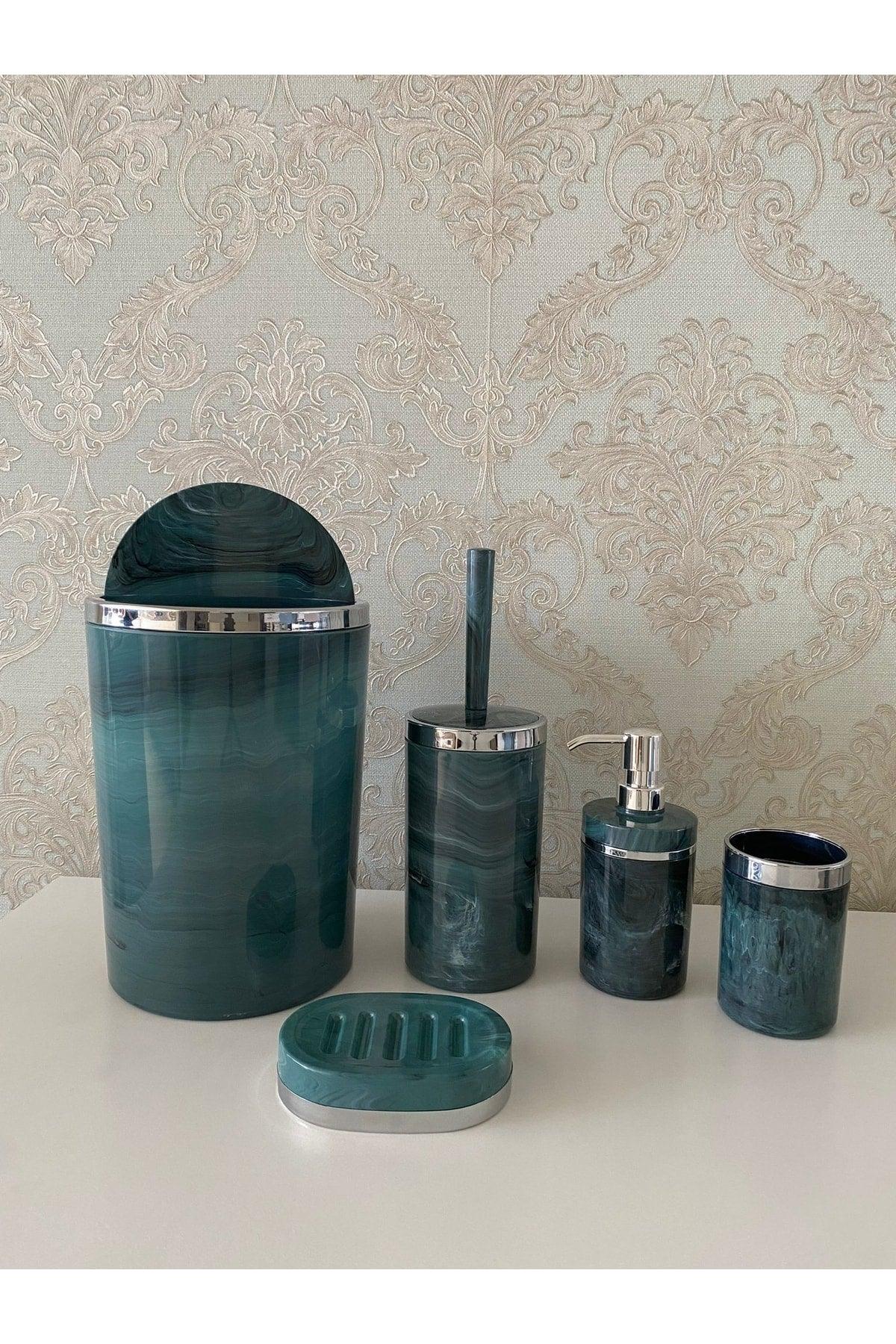 5 Pieces Marble Pattern Silver Bathroom Set / Wc Brush Holder, Liquid - Solid Soap Dispenser, Trash Can, Toothbrush Holder - Swordslife