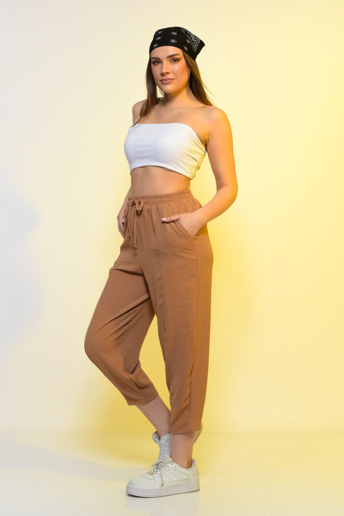 New Season Summer Elastic Waist Slim Pants High Waist Women Light Brown Casual Trousers - Swordslife