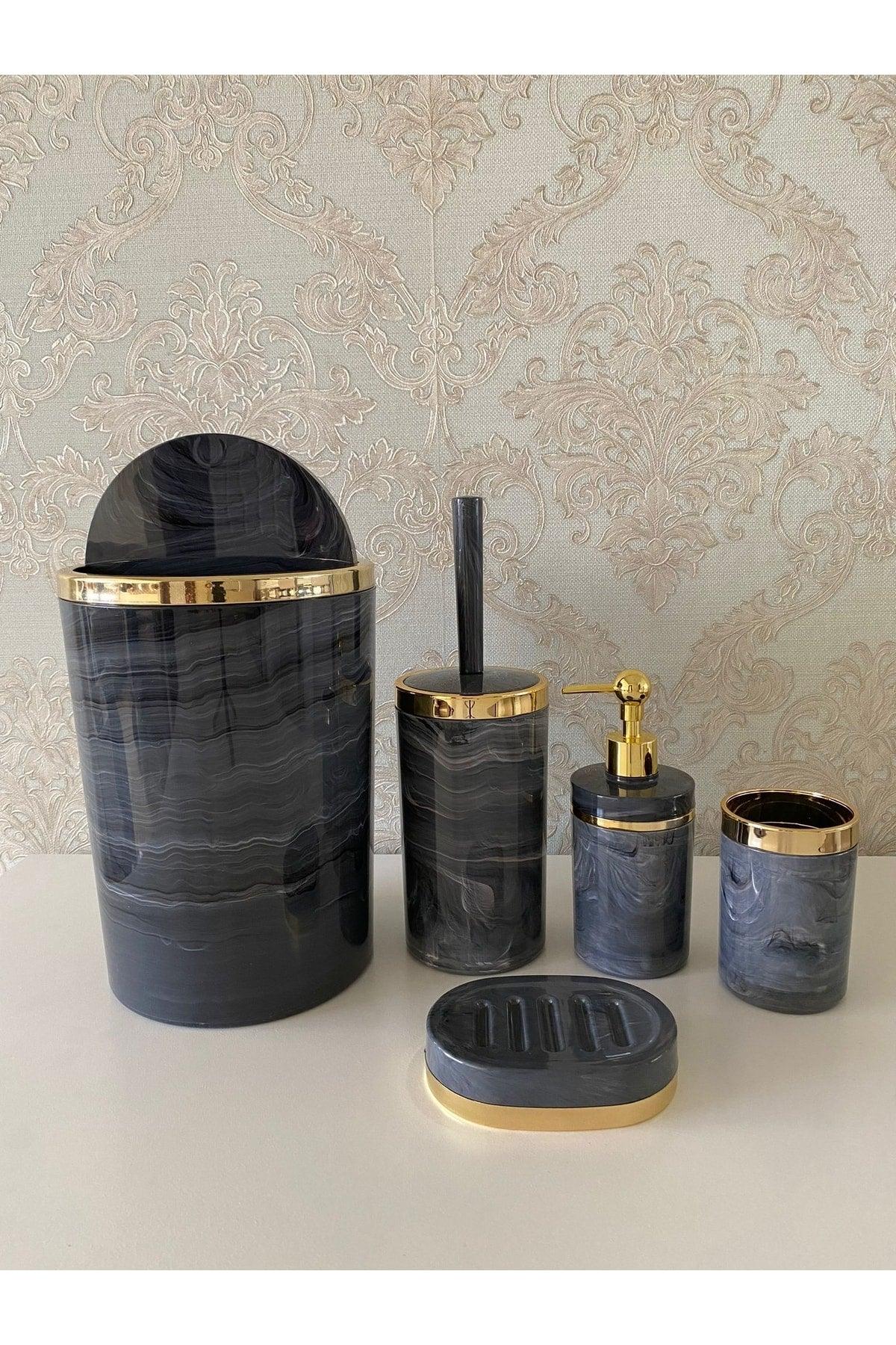 5 Pieces Marble Pattern Bathroom Set / Wc Brush Holder, Liquid - Solid Soap Dispenser, Dustbin, Toothbrush Holder - Swordslife