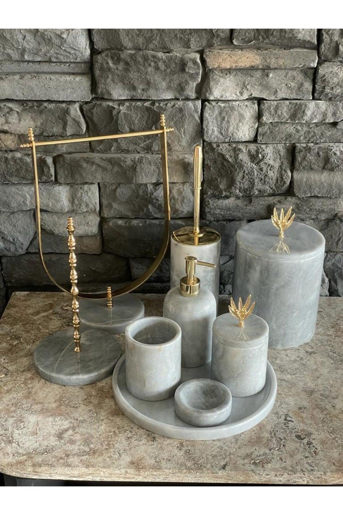 Gray Natural Marble Gold Olive Branch Accessory 9 Pcs Bathroom Set - Swordslife