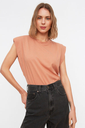 Salmon 100% Cotton Wadding Look Basic Crew Neck Knitted T-Shirt TWOSS20TS0021 - Swordslife