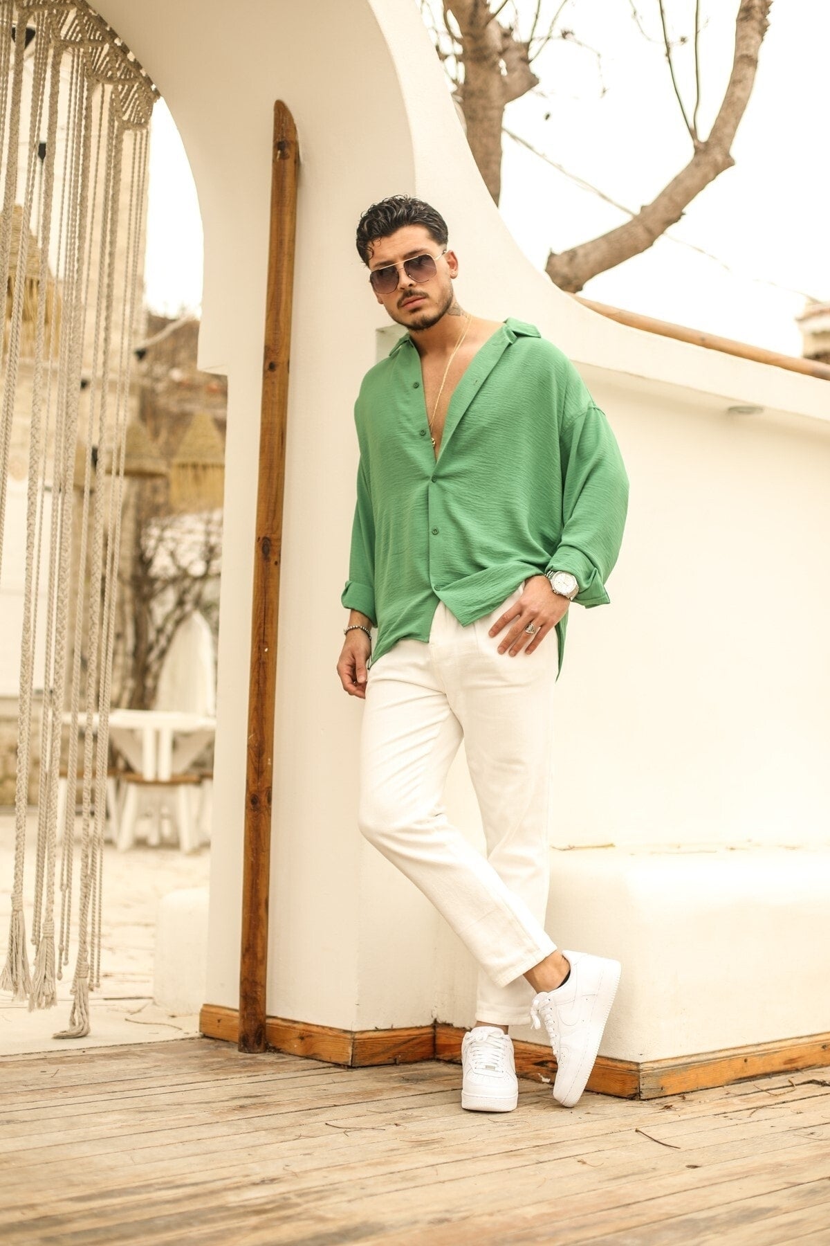 Textured Oversize Shirt Khaki Aerobin