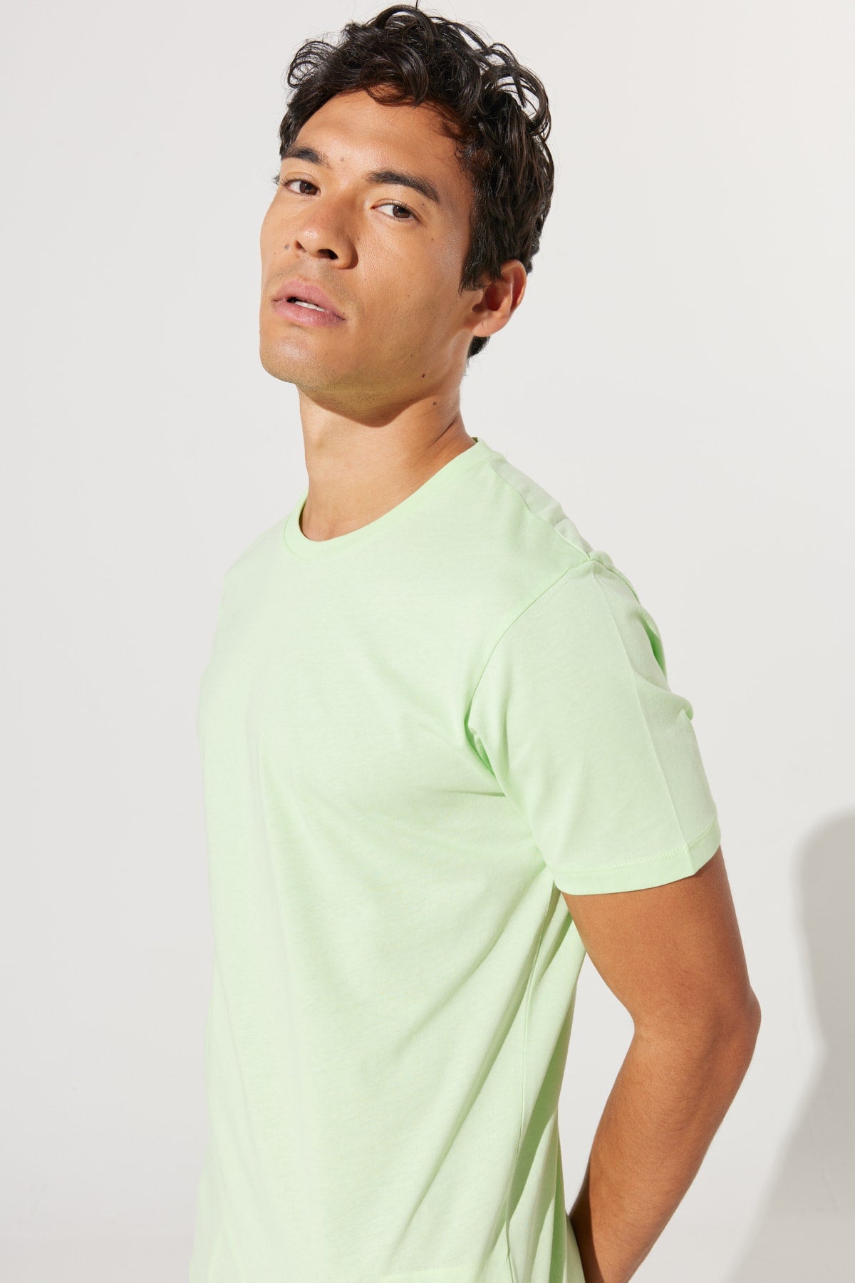 Men'S Light Green Slim Fit Slim Fit 100% Cotton Crew Neck Short Sleeved T-Shirt